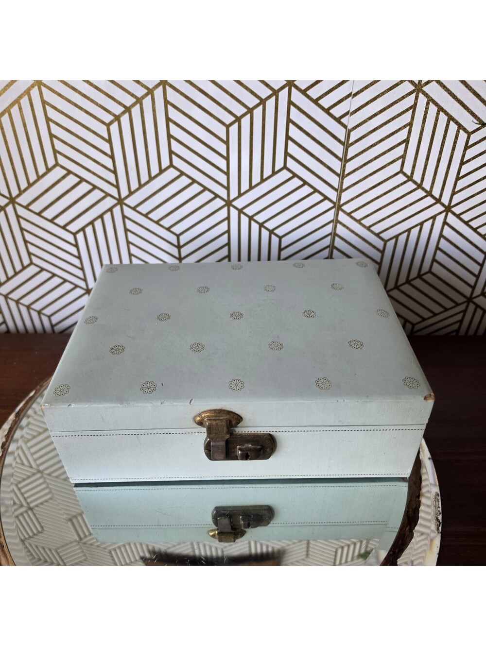 Vintage Blue Floral Mele 2 Tier Jewelry Box With Closure